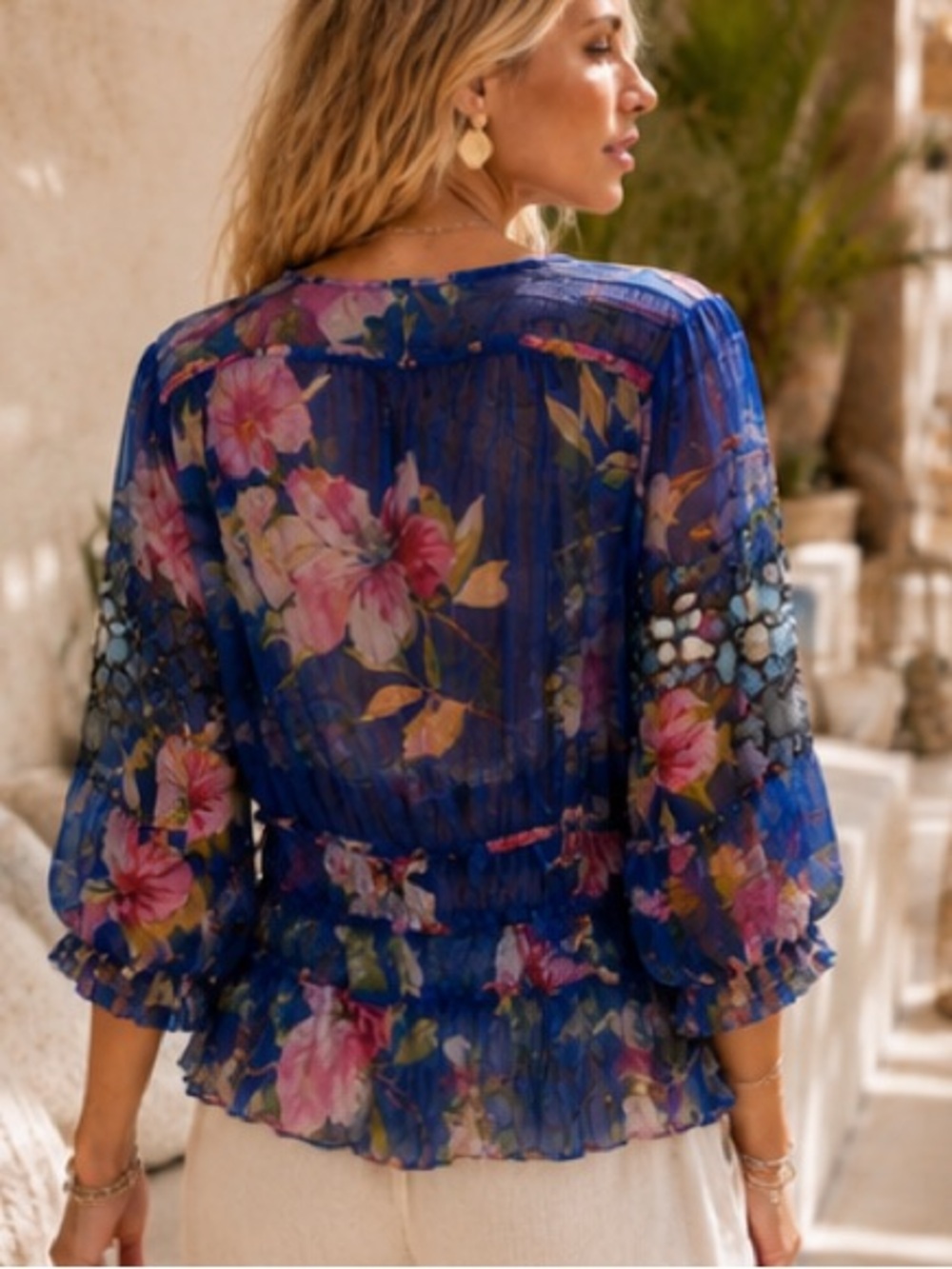 Johnny Was Embroidered Blue Floral Mesh Mazzy Embroidered Blouse Blue Size S - Picture 5 of 11